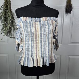 Helium Multicolor Striped Off-the-shoulder Smocked Stretch Crop Blouse 1X